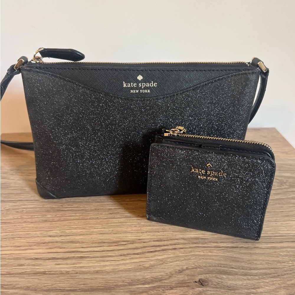 Kate Spade Black Glitter Crossbody Bag and Wallet Set